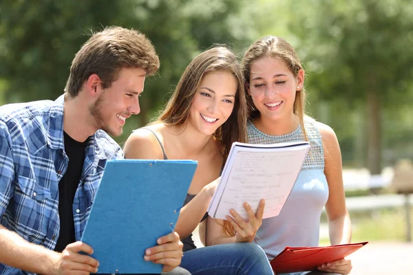 Трое Счастливых Студентов Учатся Вместе Сравнивая Заметки Парке Кампуса — стоковое фото