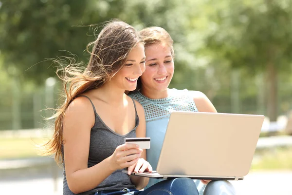 Two Happy Friends Paying Online Laptop Credit Card Park — Stock Photo, Image