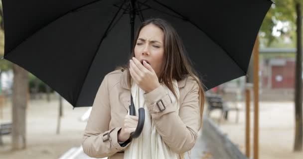 Front View Portrait Ill Girl Coughing Walking Camera Holding Umbrella — Stock Video