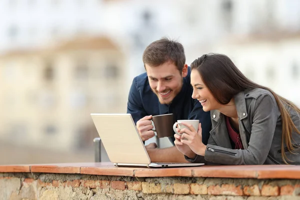 Gelukkige Paar Met Behulp Van Een Laptop Drinken Koffie Een — Stockfoto