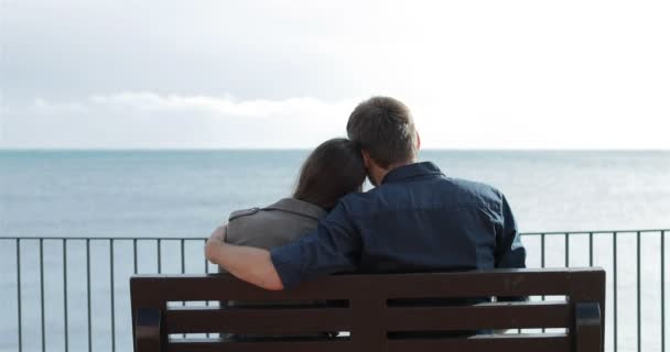 Vista Posteriore Una Coppia Innamorata Che Abbraccia Guardando Oceano Seduta — Video Stock