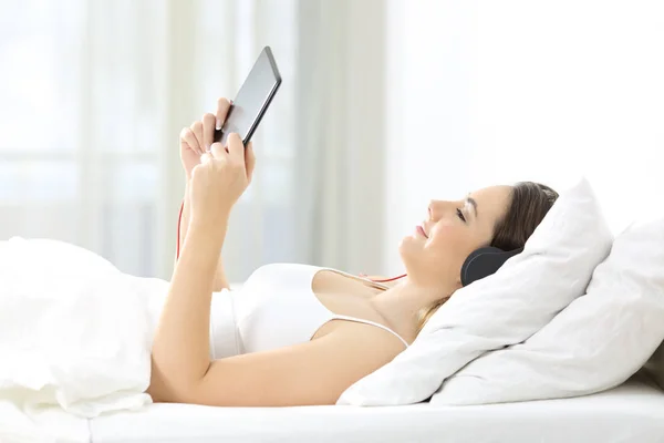 Side View Portrait Relaxed Girl Watching Listening Media Content Tablet — Stock Photo, Image