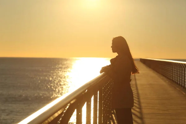 在海滩上的日落时 独自从一座桥上欣赏海洋的妇女 — 图库照片