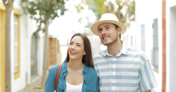 Happy Couple Tourists Talking Watching Landmarks Walking Street Town Vacation — Stock Video