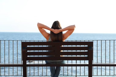 Sahilde okyanus düşünürken bir bankta oturan görünüm portre rahatlatıcı bir kadının geri