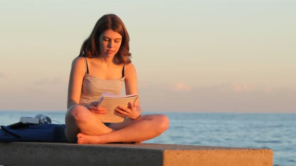 Retrato Cuerpo Completo Solo Estudiante Que Estudia Memorizar Notas Atardecer — Vídeo de stock