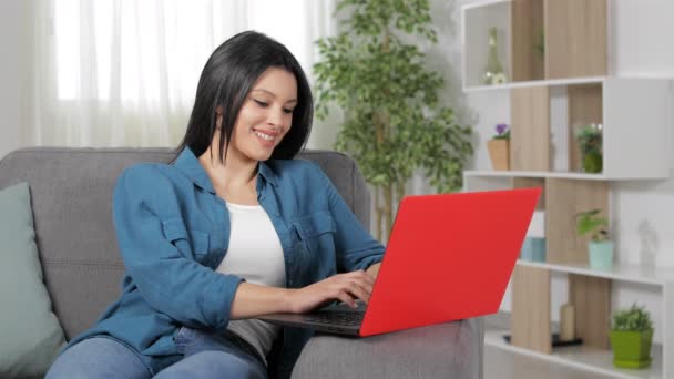 Mulher Feliz Digitando Laptop Sentado Sofá Casa — Vídeo de Stock