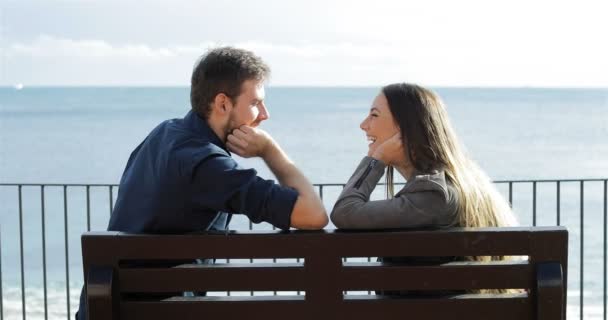 Profile Happy Couple Looking Each Other Sitting Bench Beach — Stock Video