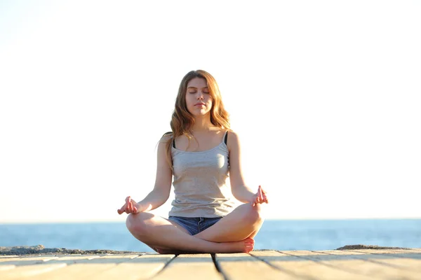 Front View Portrait Teenage Girl Practicing Yoga Exercises Beach Stock Picture