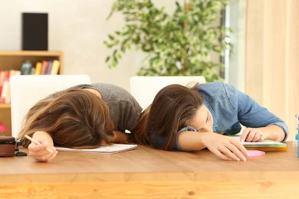 Dois Estudantes Cansados Dormindo Cadernos Uma Mesa Casa — Fotografia de Stock