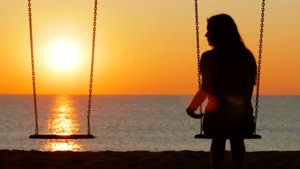 Back View Silhouette Sad Girl Sunset Missing Her Partner Swing — Stock Video