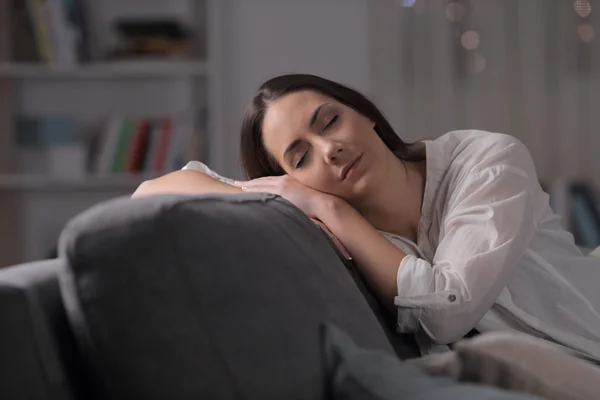 Woman Sleeping Sitting Couch Living Room Night Home — Stock Photo, Image