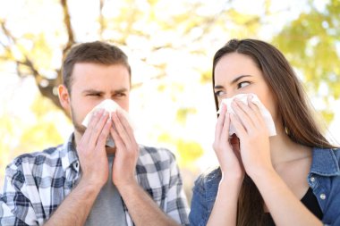 Front view portrait of an ill couple suffering contagious flu outdoors in a park clipart