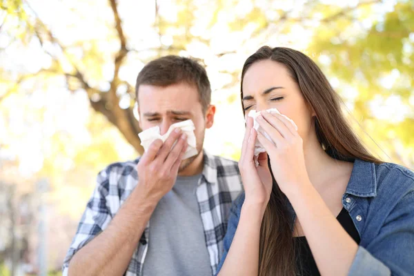 Krankes Paar Niest Zusammen Und Bedeckt Mund Mit Feuchttüchern Park — Stockfoto