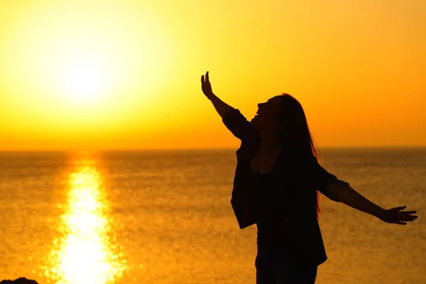 Aufgeregtes Mädchen, das bei Sonnenuntergang die Arme ausstreckt und Erfolg feiert — Stockfoto