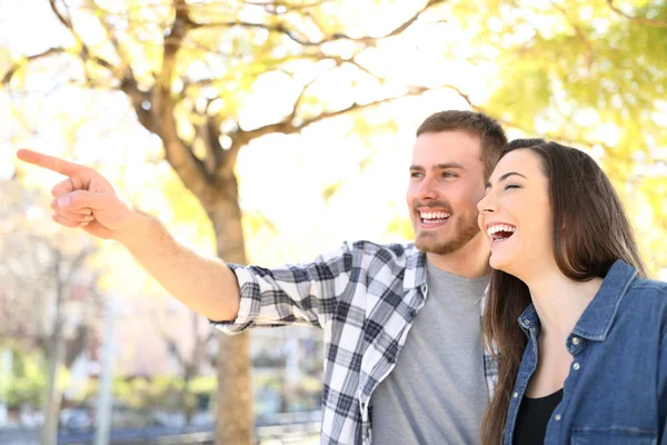 Boldog pár mutatva el nevetve egy parkban — Stock Fotó