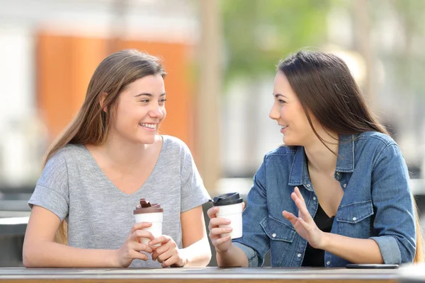 Dos amigos hablando y bebiendo en un parque — Foto de Stock