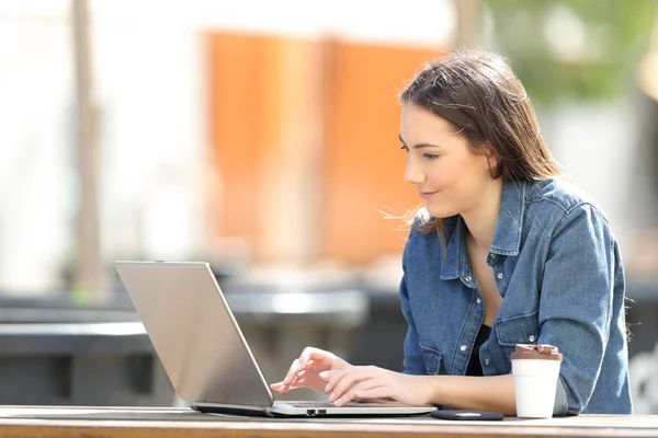 Seriös kvinna med en laptop på en tabell i en park — Stockfoto