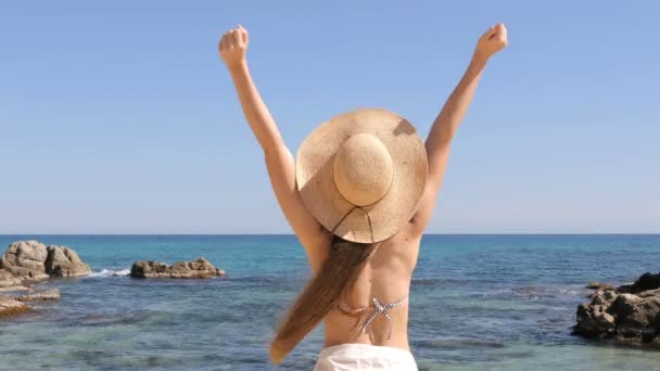 Vista Trasera Retrato Una Mujer Emocionada Celebrando Vacaciones Verano Playa — Vídeos de Stock