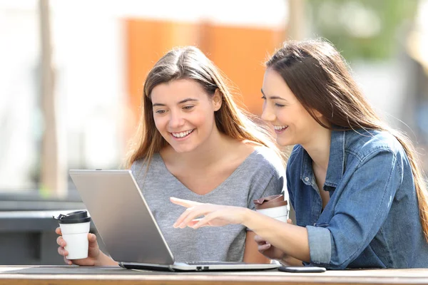 Boldog barátok online tartalmak ellenőrzése a laptopon egy parkban — Stock Fotó