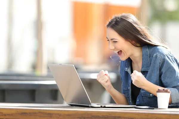 Mulher excitada verificando o conteúdo do laptop em um parque — Fotografia de Stock