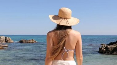 Plaja ulaşan ve taze hava nefes mutlu bir turist arka görünümü