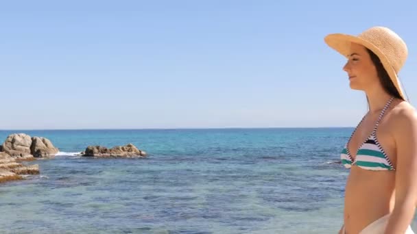 Πλευρική Όψη Πορτρέτο Μιας Γυναίκας Στο Μπικίνι Περπάτημα Στην Παραλία — Αρχείο Βίντεο