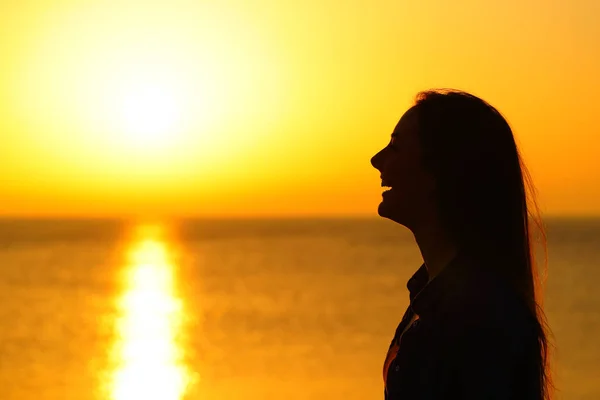 Ευτυχισμένο κορίτσι σιλουέτα σκέφτεται τον ήλιο στο ηλιοβασίλεμα — Φωτογραφία Αρχείου