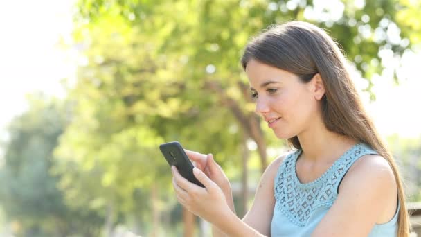 Mulher Feliz Navega Conteúdo Line Smartphone Parque Dia Ensolarado — Vídeo de Stock