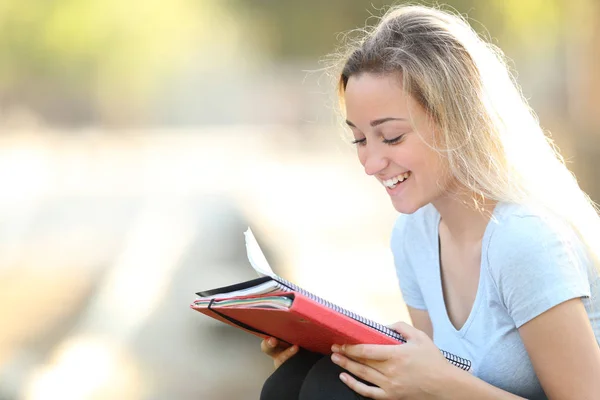 Šťastná studentka čtení poznámek venku — Stock fotografie