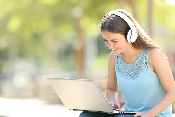 Mulher feliz usando um laptop e fones de ouvido em um parque — Fotografia de Stock