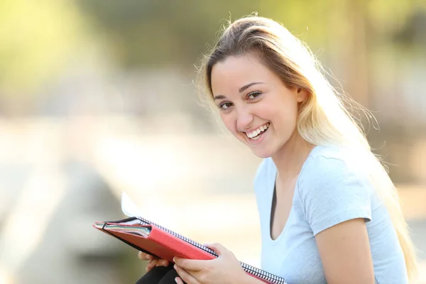 Glückliche Studentin hält Ordner in der Hand und blickt in einen Park — Stockfoto