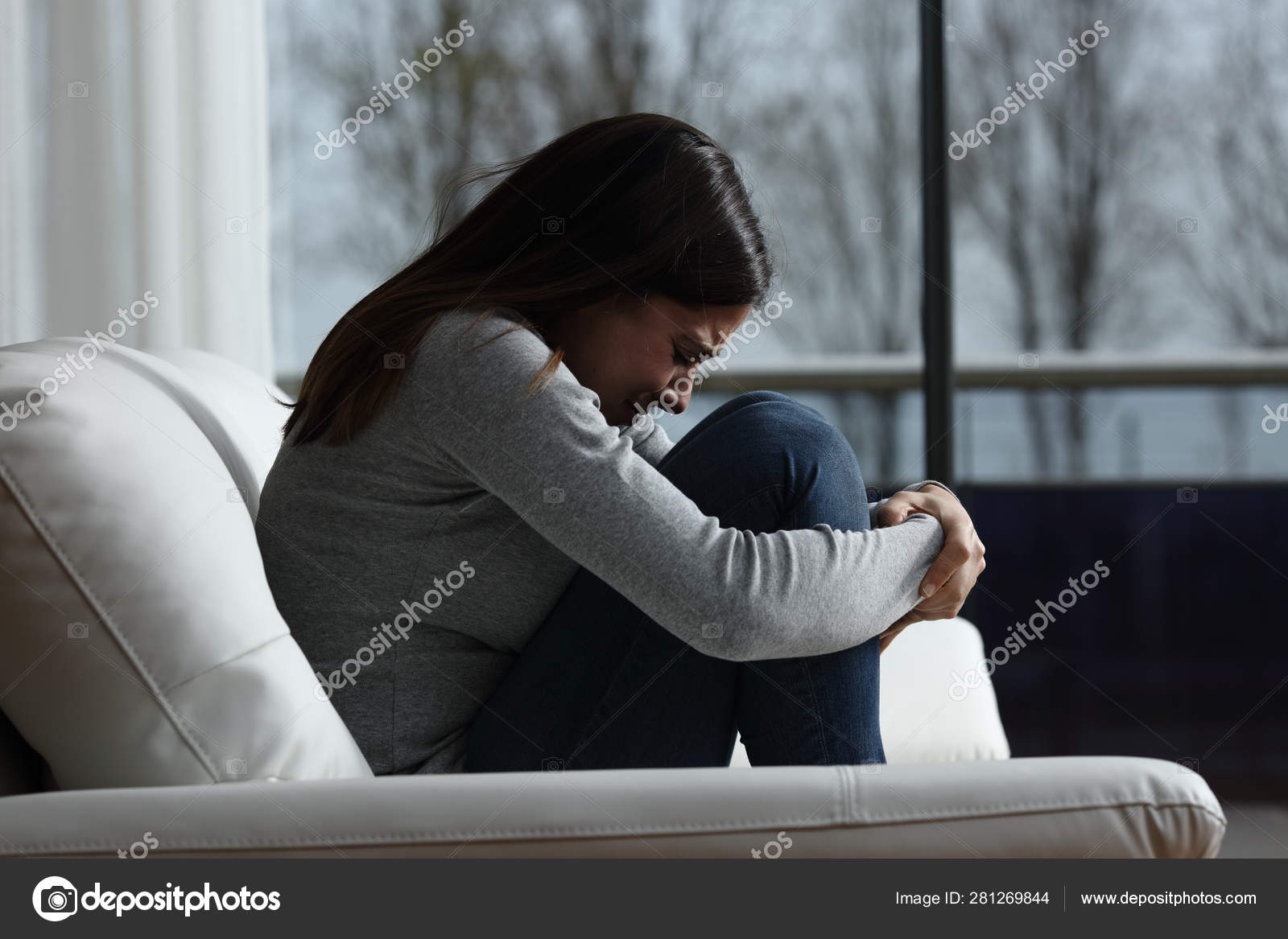 Sad girl crying and complaining alone at home Stock Photo by ...
