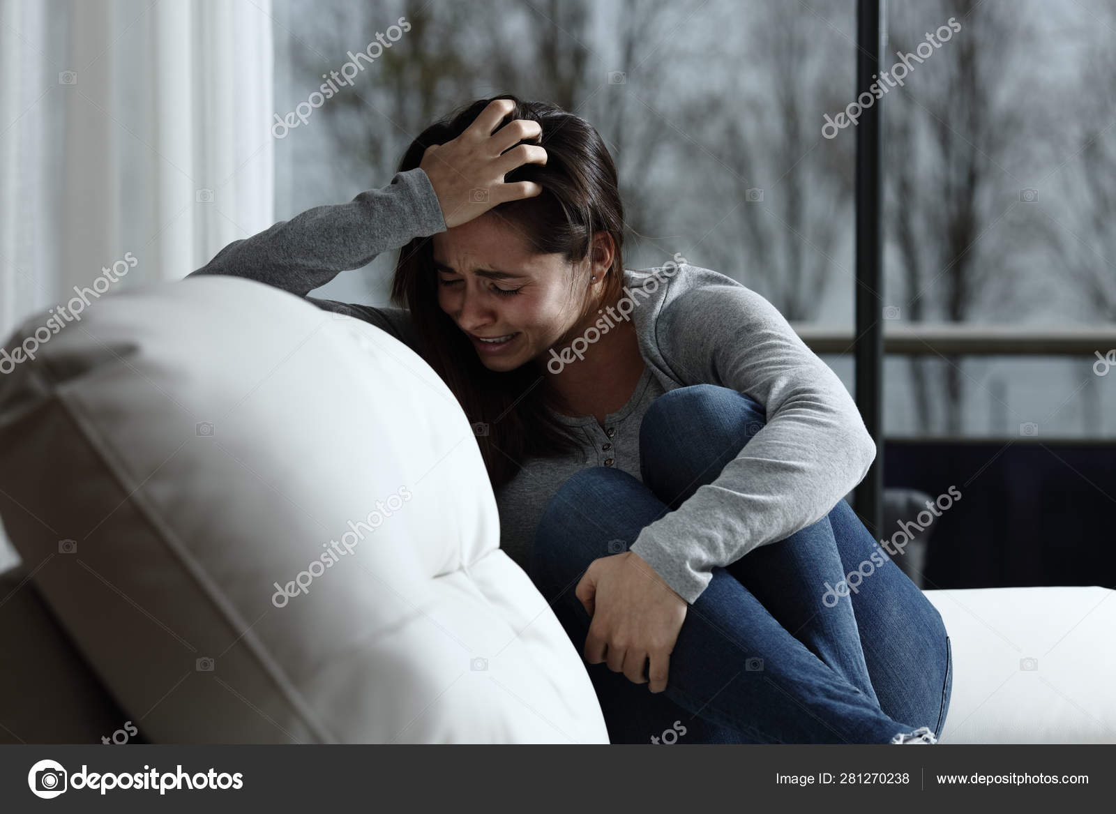 Sad woman complaining and crying at home Stock Photo by ...