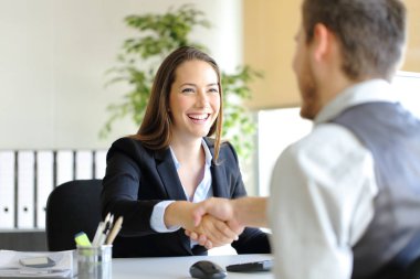 Businesspeople handshaking after deal or interview clipart