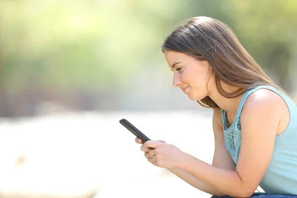 Mujer seria revisando el contenido del teléfono en línea en un parque — Foto de Stock