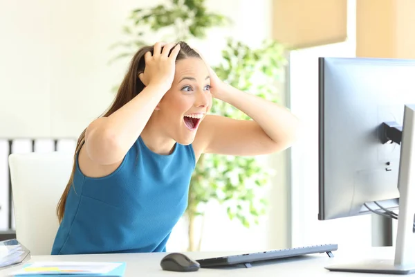 Excited entrepreneur checking computer content — Stock Photo, Image
