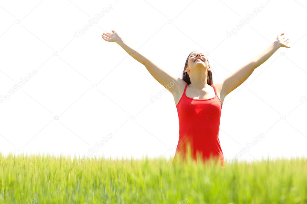 Happy woman celebrating success raising arms in a field