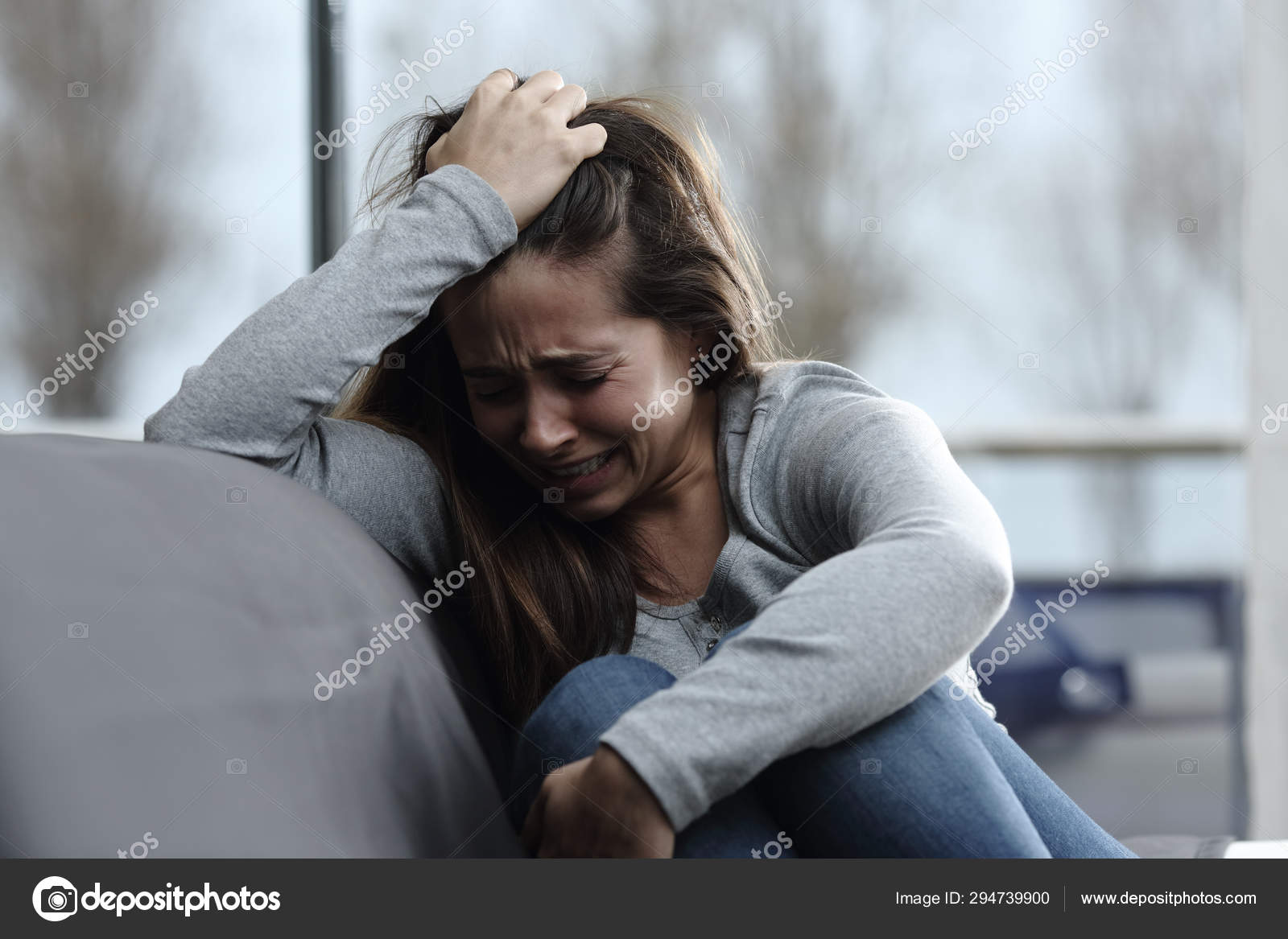 Sad girl complaining and crying at home Stock Photo by ...