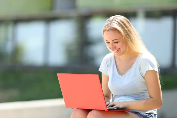 Aprendizaje electrónico del estudiante feliz usando el ordenador portátil al aire libre — Foto de Stock