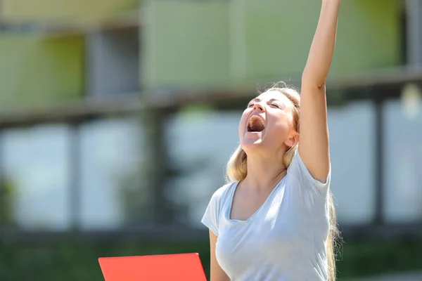 Возбужденный студент празднует успех на открытом воздухе — стоковое фото