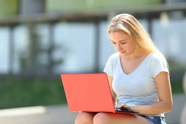 Estudante sério e-learning usando laptop ao ar livre — Fotografia de Stock