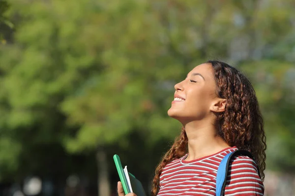 Щасливий змішана гонка студент дихає свіжим повітрям в парку — стокове фото