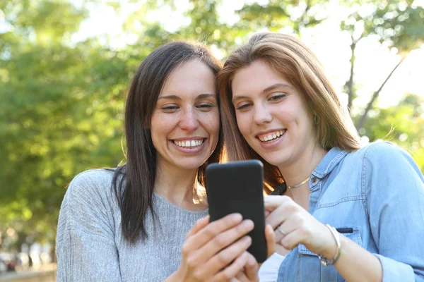 Adult woman and teenage girl checking smart phone — Stock Photo, Image