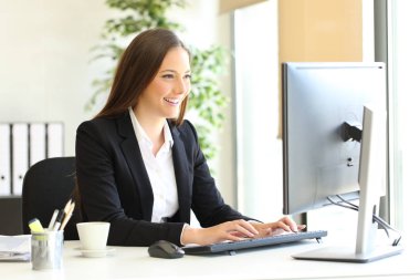 Mutlu yönetici ofiste bir bilgisayar kullanıyor