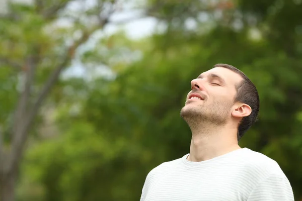 Glücklicher Mann atmet tief frische Luft in einem Wald — Stockfoto