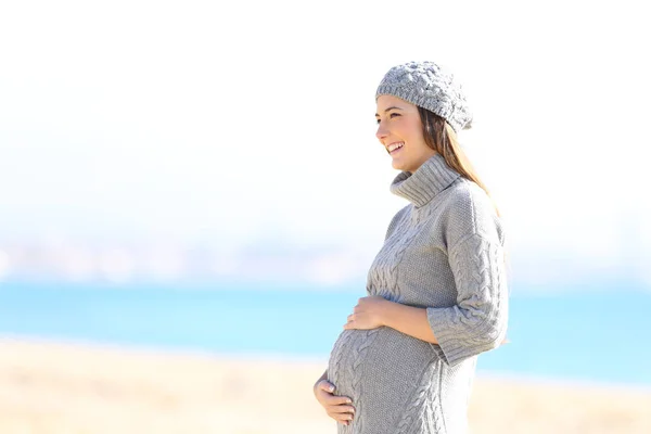 Mujer embarazada feliz mirando hacia otro lado en invierno en la playa — Foto de Stock