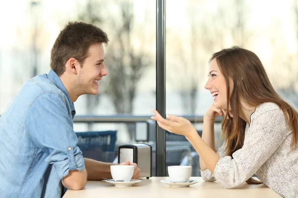 Side View Portrait Happy Couple Talking Flirting Sitting Table Coffee Stock Picture