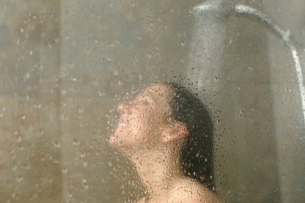 Woman Having Shower Glass Water Drops Standing Bathroom — Stock Photo, Image