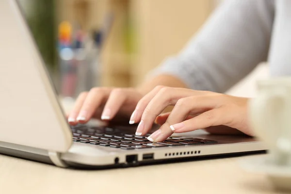 Close Woman Hands Types Laptop Sitting Desk Home — Stock Photo, Image